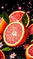 Vibrant red oranges, halved and adorned with green leaves and pink blossoms, are dramatically presented against a dark background with pink sparkling particles in motion
