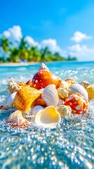 Vibrant seashells, various sizes and colors, partially submerged in clear, shallow ocean water near a tropical beach with palm trees under a sunny sky