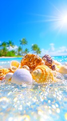 Vibrant seashells nestled in shallow, sunlit turquoise water on a tropical beach, with palm trees in the background under a bright, sunny sky