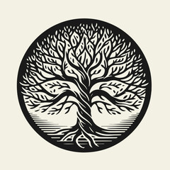 Black and white flat vector illustration of Yggdrasil, the World Tree from Norse mythology, enclosed in a circle. Suitable as a logo or t-shirt print in a minimalist symbolic style.
