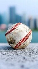 Well-worn baseball resting on a textured surface,  slightly blurred cityscape backdrop featuring water.  The ball shows dirt and wear, red stitching is visible