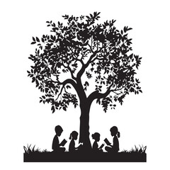 Children reading books underneath a large tree