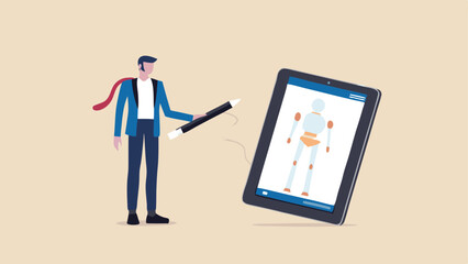 Fototapeta premium Man in suit uses magic wand to interact with skeleton displayed on digital tablet device screen image