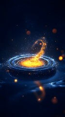 A swirling vortex of fiery particles rises from a dark, still pool, creating concentric ripples and ethereal sparks against a deep blue backdrop