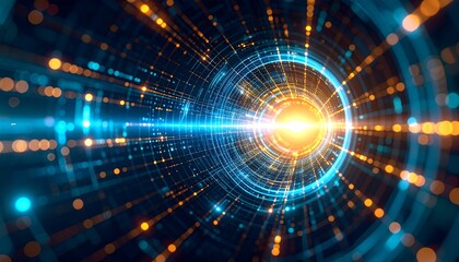 Fototapeta premium Cybernetic core radiating energy waves, hexagonal patterns expanding outward, symbolizing the growth and complexity of machine learning systems
