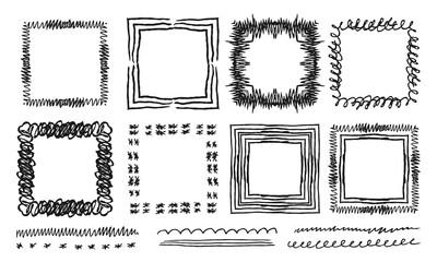 Eight square handwritten frames and six decorative stripes, underlines. Black doodles, squiggles on a white background. Vector set