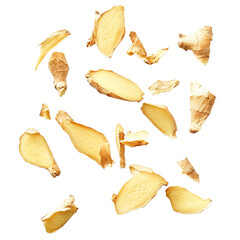 fresh ginger chips isolated on transparent background, clipping path, png file,