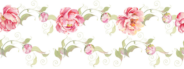 Vintage Baroque Victorian floral ornament. Botanical decorative seamless border. Watercolor peony flowers.