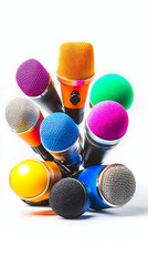 A vibrant cluster of colorful microphones, various shades and textures, arranged in a dynamic, upward-pointing bouquet against a stark white background