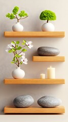 Four light-wood shelves display minimalist d?cor  small potted trees, white flower sprigs in vases, grey stones, and candles.  The arrangement evokes serenity and calm