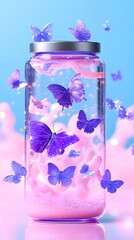 Glass jar filled with pink liquid and purple butterflies, some in flight around the jar against a pastel background