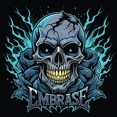 Dark Electric Skull Illustration with Blue Lightning and Glowing Yellow Aura on Black Background
