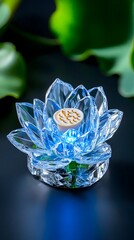 Illuminated crystal lotus blossom, intricately faceted, sits on dark surface, backlit with cool blue light, nestled amongst blurred green foliage, suggesting serenity and tranquility