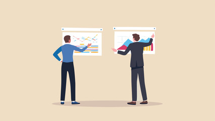 Two business professionals presenting data graphs on whiteboards in a meeting setting indoors today