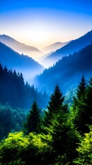 Serene sunrise over a misty mountain valley, showcasing a vibrant gradient of blues and greens in the forested landscape, with a soft focus effect emphasizing depth and tranquility