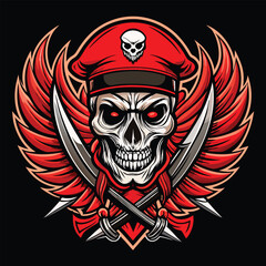 Fototapeta premium Skull Soldier Emblem with Red Beret, Wings, and Crossed Swords in Aggressive Mascot Style 