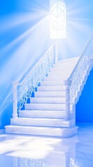 Sunlit white marble staircase ascends towards a high arched window in a bright blue room, creating a serene and ethereal atmosphere.  The intricate banister adds a touch of elegance