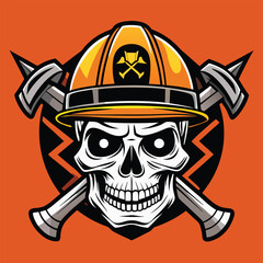 Skull Firefighter Emblem with Red Helmet and Crossed Axes Mascot Style Illustration
