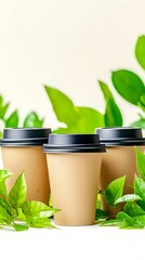 Three kraft paper coffee cups with black lids are nestled amongst vibrant green leaves against a bright white background.  The image emphasizes eco-friendliness