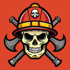 Skull Firefighter Emblem with Red Helmet and Crossed Axes Mascot Style Illustration
