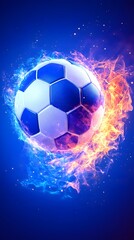 Naklejka premium A soccer ball engulfed in vibrant blue and orange flames against a deep blue backdrop, sparks illuminating the scene