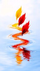 Three stylized autumn leaves, red, orange, and yellow, appear to float on a swirling, reflective stream of matching colors, creating an abstract, nature-inspired composition