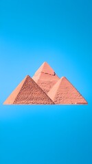 Three terracotta pyramids float against a vibrant azure sky, exhibiting a minimalist, almost surreal aesthetic.  Their smooth surfaces and sharp angles contrast with the soft, unblemished background