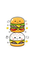 Two kawaii-style burgers, one double patty with sesame bun, the other single patty with white bun, stacked vertically, adorned with stars and bunny-like shapes, displaying cheerful expressions