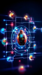 Fototapeta premium A stylized ladybug, rendered in dark red, sits centrally within a glowing blue circuit board design. Surrounding orbs of light pulse with varying colors, creating a futuristic, digital aesthetic