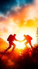 Two silhouetted hikers ascend a hill at sunset, reaching out to each other for support against a vibrant, fiery sky.  The scene is dramatic and evokes a sense of teamwork and shared achievement