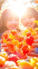 Two smiling women hold a large, heart-shaped candy with smaller hearts embedded, backlit by sunlight in an autumnal setting with colorful produce in the foreground