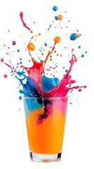Vibrant colored liquid explodes from a short glass, splashing dynamically against a white background.  Pink, blue, and orange hues dominate, creating a visually striking and energetic composition