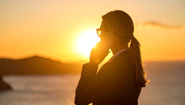 Businesswoman sunset call ocean view. - Powered by Adobe