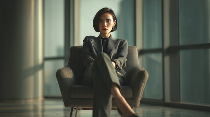 Asian woman sitting confidently in a modern office chair surrounded by large windows, exuding professionalism and elegance in a corporate setting. Image made using Generative AI.