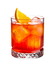 Negroni cocktail with orange slice and ice cubes on white background