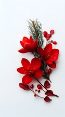 Vibrant red flowers, evergreen sprigs, and deep red berries artfully arranged on a clean white background, creating a festive and elegant composition