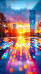 Vibrant sunset over a city park, reflected in a still pool of water, showing colorful bokeh lights and tall buildings silhouetted against the fiery sky