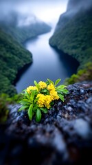 Vibrant yellow wildflowers in sharp focus bloom atop a dark rock, overlooking a misty, serpentine river valley nestled between lush green mountains under a hazy sky