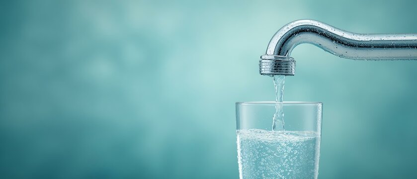 A close-up image of fresh water flowing from a polished metal faucet into a clear glass, highlighting the purity and clarity of the liquid with a calm, soothing background.