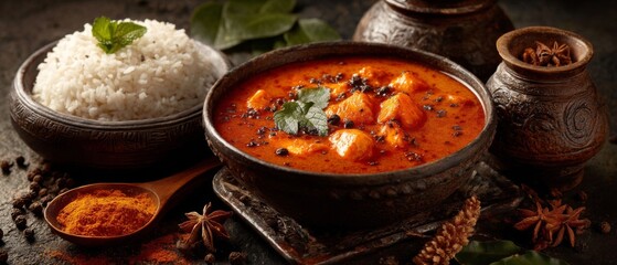 Red Curry with Rice in Rustic Bowls