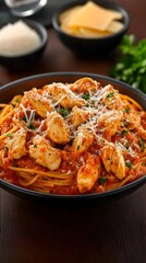 A dark bowl overflows with spaghetti in a vibrant tomato sauce, topped with tender chicken pieces, grated cheese, and fresh parsley.  The scene is set on a dark wood surface with bowls of cheese and