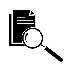 Scrutiny document plan icon in flat style. Review statement vector illustration on white isolated background. Document with magnifier loupe business concept.
