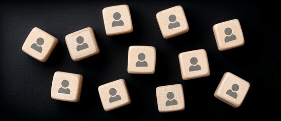 A creative arrangement of wooden blocks featuring icons representing people, symbolizing teamwork, collaboration, and networking in a professional environment.