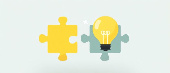 A creative illustration of two puzzle pieces connecting, symbolizing ideas or solutions coming together, with a bright light bulb representing innovation and inspiration.