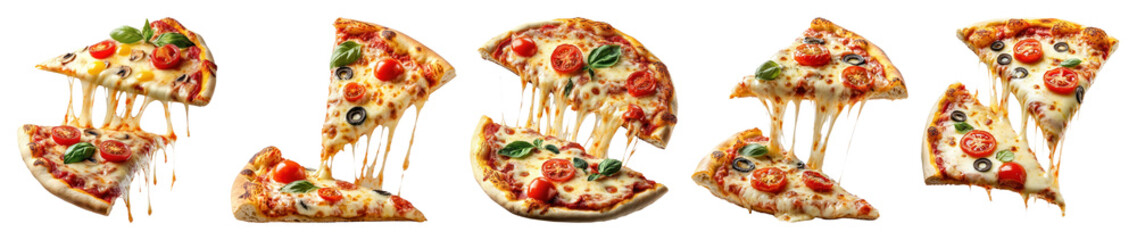 PNG Cheesy delicious pizza slices, element set on transparent background