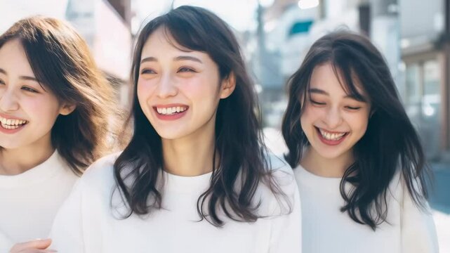 自然な笑顔で楽しむ女性たちが歩く映像