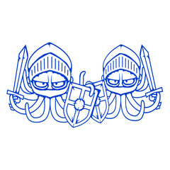 2 Octopus knight medieval two warrior shield sword Isolated Vector Graphic Design Illustration
