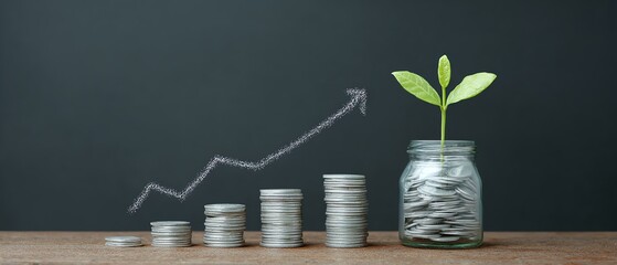A modern concept photo showing a plant growing in a glass jar filled with coins, representing sustainable financial growth and investment. A graph illustrates upward progress.