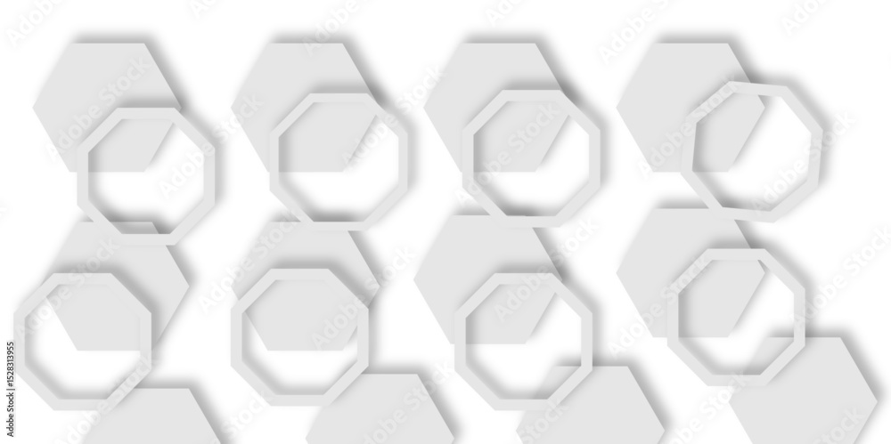 Poster pattern of overlapping light gray hexagons creating design effect white background.