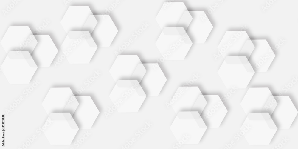 Poster pattern of overlapping light gray hexagons creating design effect white background.